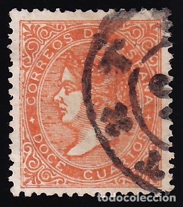 Sellos: ESPA&Ntilde;A, 1867 EDIFIL N&ordm; 100A, 12 cu. bermell&oacute;n