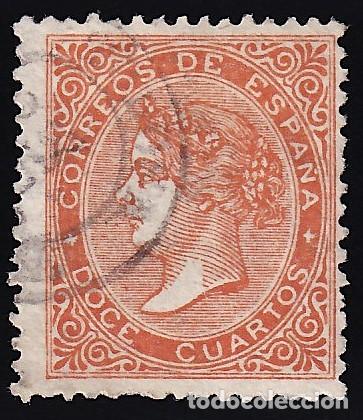 Sellos: ESPA&Ntilde;A, 1867 EDIFIL N&ordm; 100A, 12 cu. bermell&oacute;n