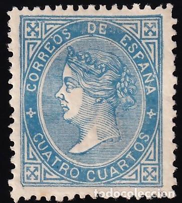 Sellos: ESPA&Ntilde;A, 1867 EDIFIL N&ordm; 88 /*/, 4 c. azul, [Bien Centrado]