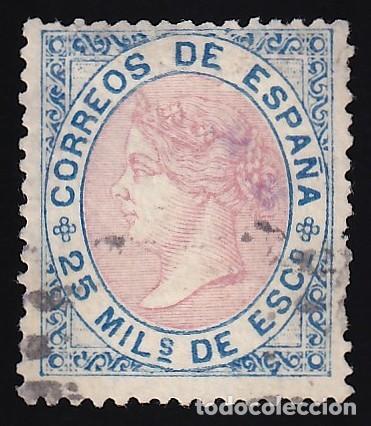 Sellos: ESPA&Ntilde;A, 1867 EDIFIL N&ordm; 95, 25 m. azul y rosa.