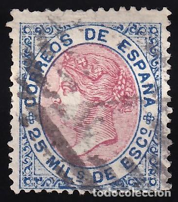 Sellos: ESPA&Ntilde;A, 1867 EDIFIL N&ordm; 95, 25 m. azul y rosa.