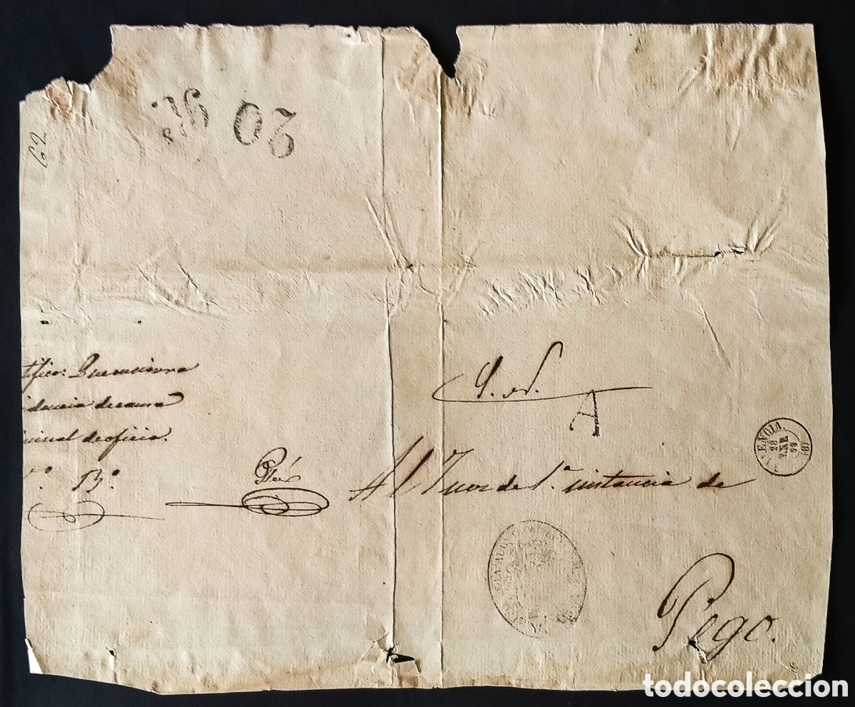 Sellos: ESPA&Ntilde;A. 1858. PLICA JUDICIAL de VALENCIA a PEGO. Marca &rdquo;A&rdquo; de abono. TASA &rdquo;20 RS&rdquo;. RARA.