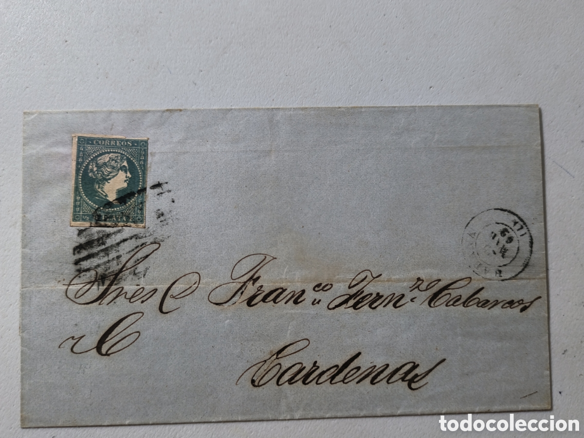 Sellos: Espa&ntilde;a,carta envuelta sello medio real falso postal,circulada Habana-cardenas,1869