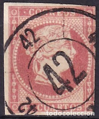 Sellos: ESPA&Ntilde;A, 1855 EDIFIL N&ordm; 48, 4 cu. rojo, [Mat. Rueda de Carreta 42, Santa Cruz de Tenerife]