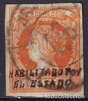 Sellos: ESPA&Ntilde;A, 1855 EDIFIL N&ordm; 52, 4 cu. naranja, [Habilitado por el Estado, a mano.]