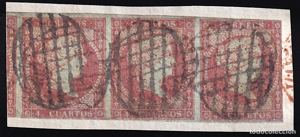 Sellos: ESPA&Ntilde;A, 1855 EDIFIL N&ordm; 40, 4 cu. carm&iacute;n. [Mat. doble parrilla]