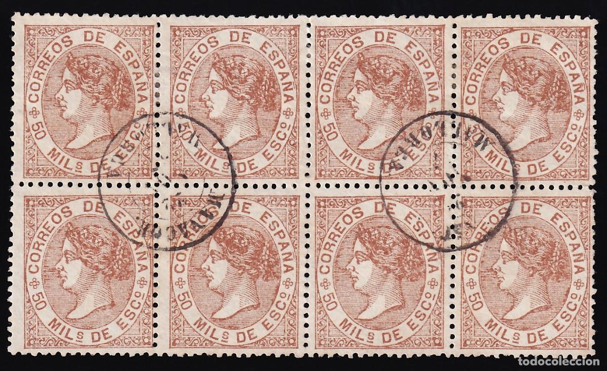 Sellos: ESPA&Ntilde;A, 1867 EDIFIL N&ordm; 96, 50 m. casta&ntilde;o amarillento, [Bloque de ocho / Mat. Fechador, MANACOR.]