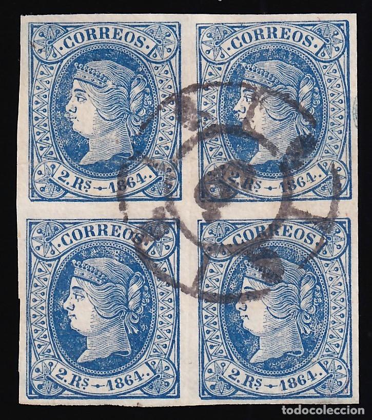 Sellos: ESPA&Ntilde;A, 1864 EDIFIL N&ordm; 68, 2 r. azul. [Bloque de cuatro, Mat. Rueda de carreta 6, M&aacute;laga.]