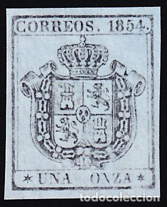 Sellos: ESPA&Ntilde;A, 1854 Ensayo de color, 1 o. negro s. azul claro (*). [NO RESE&Ntilde;ADO.]
