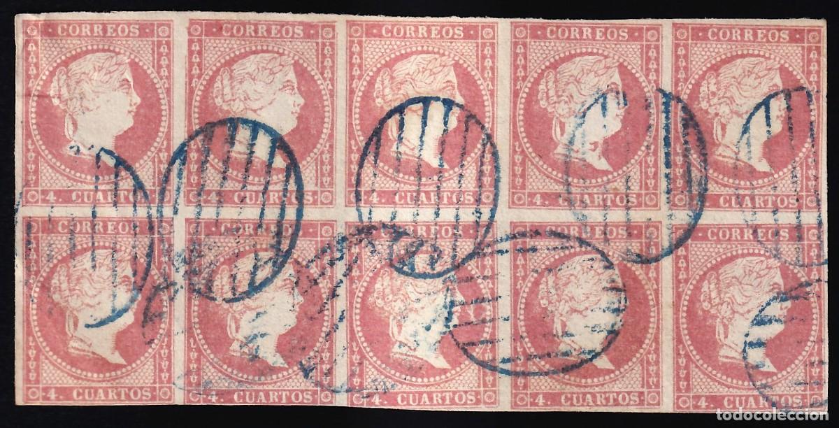 Sellos: ESPA&Ntilde;A, 1855 EDIFIL N&ordm; 48, 4 cu rojo. [Mat. Parrilla azul, Bloque de diez.]