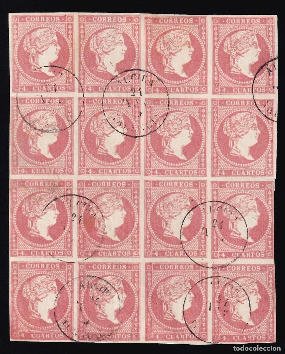 Sellos: ESPA&Ntilde;A, 1855 EDIFIL N&ordm; 48, 4 cu rojo oscuro. [Mat. Fechador, Bloque de dieciseis.]