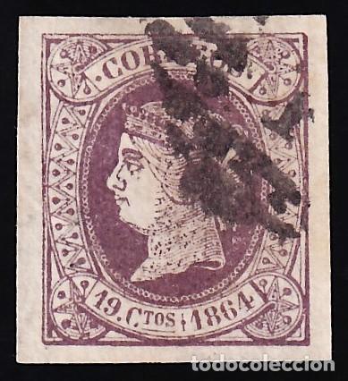 Sellos: ESPA&Ntilde;A, 1864 EDIFIL N&ordm; 66, 19 cu. casta&ntilde;o s. lila