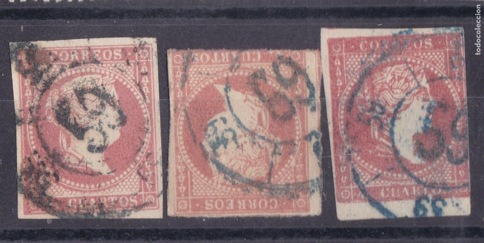 Sellos: AA15- Cl&aacute;sicos Edifil 48 x 3 Sellos Rueda Carreta 59 TRUJILLO , Negra , Azul, Azul Verde
