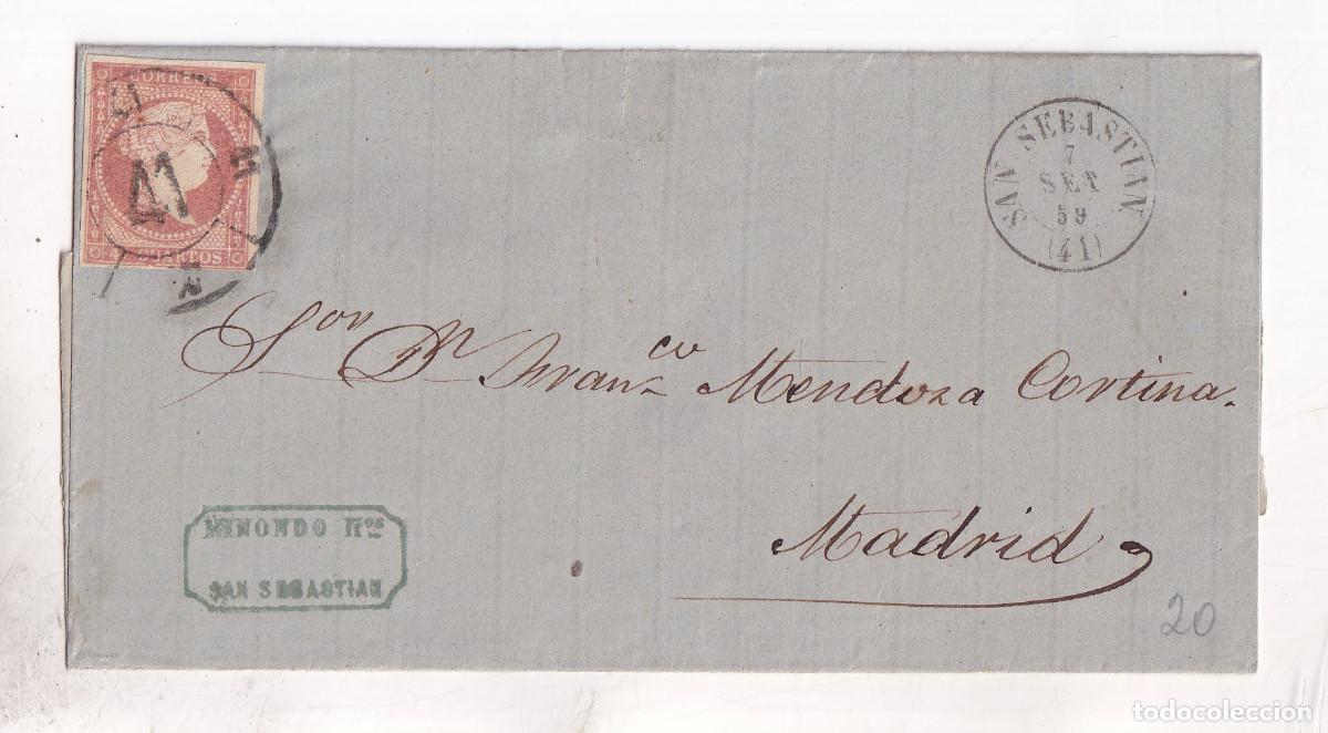 Sellos: ENVUELTA. SAN SEBASTI&Aacute;N A MADRID. 1859. RUEDA DE CARRETA MUY BONITA