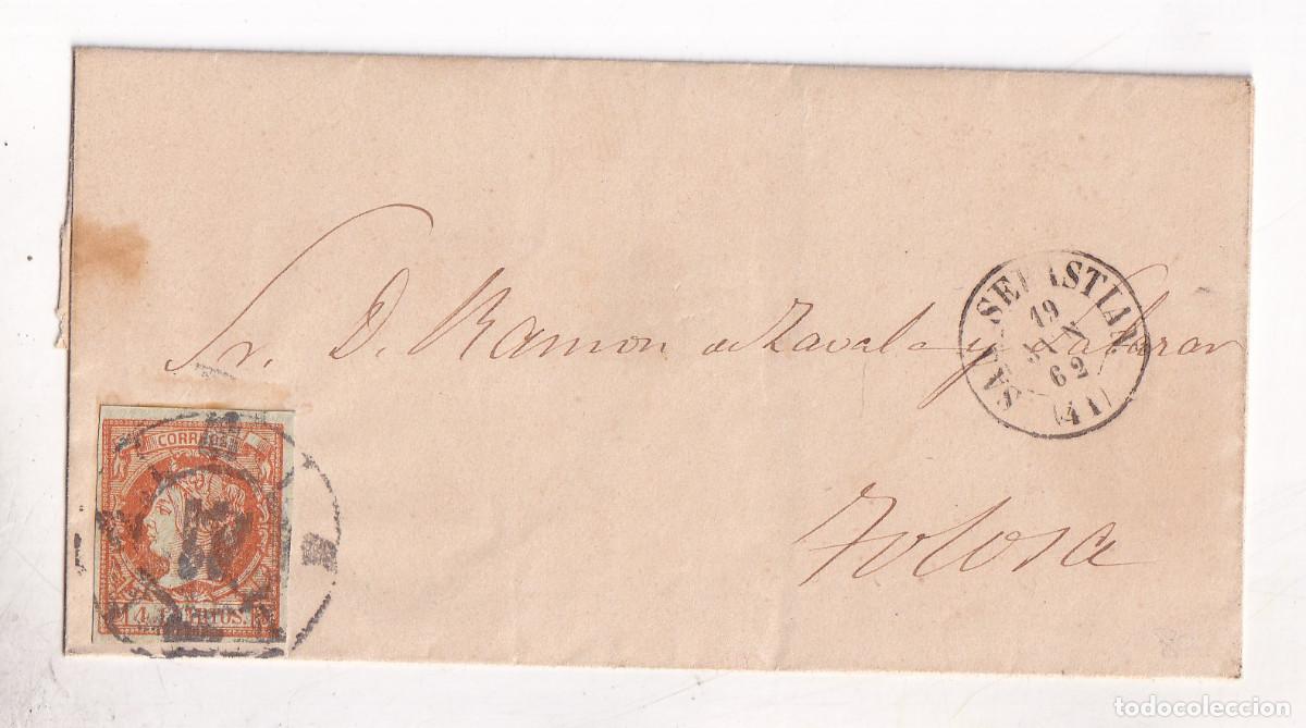 Sellos: ENVUELTA. SAN SEBASTI&Aacute;N. 1862. PA&Iacute;S VASCO. A TUDELA. NAVARRA. RUEDA DE CARRETA