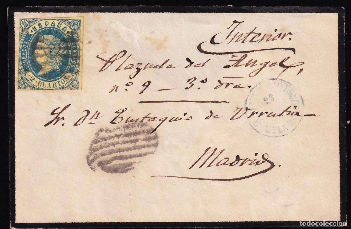 Sellos: Peque&ntilde;o sobre, 1862 Correo Interior, 2 cu. azul s. amarillo,