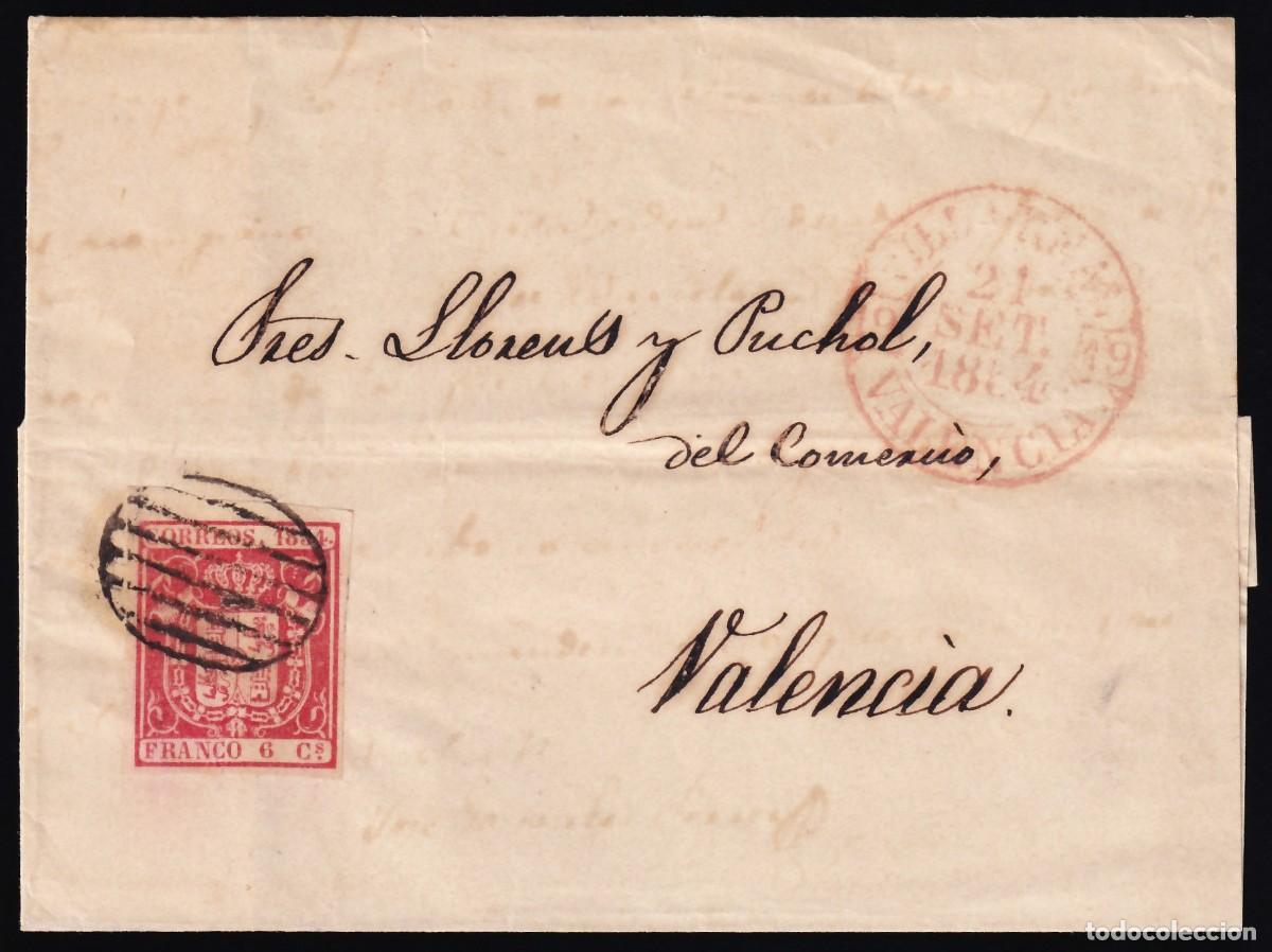 Sellos: Envuelta, 1854 circulado a Valencia, 6 cu. carm&iacute;n