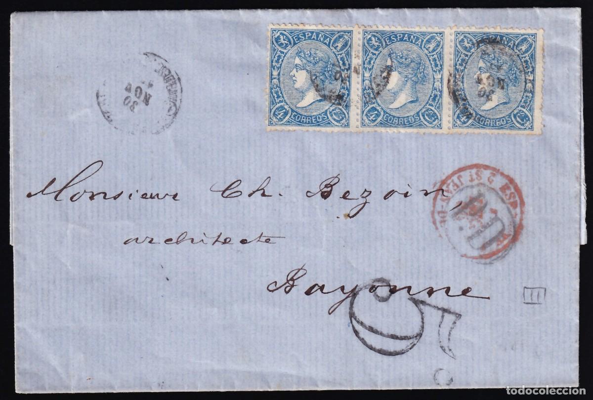 Sellos: 1865 Carta circulada a Bayona, Triple franqueo para completar la tarifa de 12 cu.