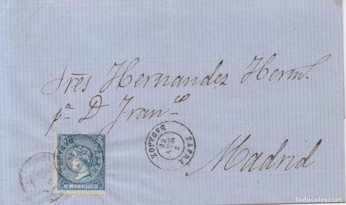 Sellos: ENVUELTA DE ZAFRA A MADRID SELLO ISABEL II 1866