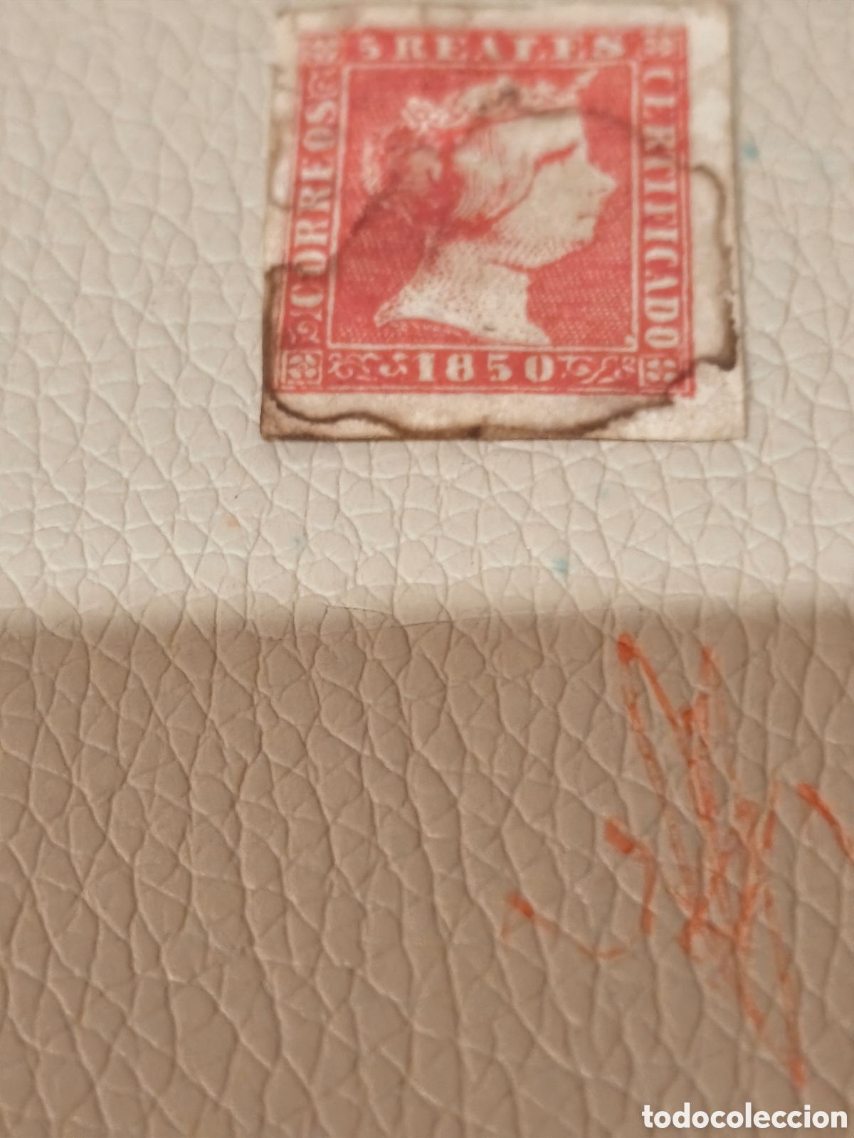 Sellos: Sello cl&aacute;sico de Espa&ntilde;a n 3 usado mancha del tiempo 5 reales rojo,ver