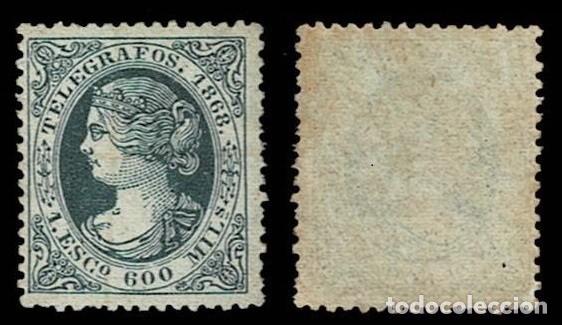Sellos: .Espa&ntilde;a TELEGRAFOS A&ntilde;o 1868 Edifil n&ordm; 24 Valor 1,60 e. Color VERDE Sin fijasellos VER.