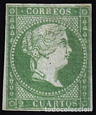 Sellos: ESPA&Ntilde;A, 1855 EDIFIL N&ordm; 39 (*), 2 cu. verde. [Papel con Filigrana Lazos.]