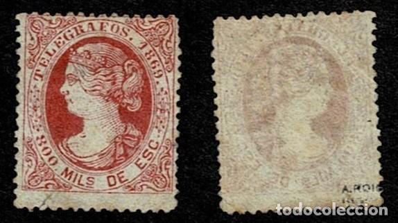 Sellos: .Espa&ntilde;a TELEGRAFOS A&ntilde;o 1869 Edifil n&ordm; 27 Valor 800m. Color ROSA Con Garantia A, ROIG Sin fijasellos