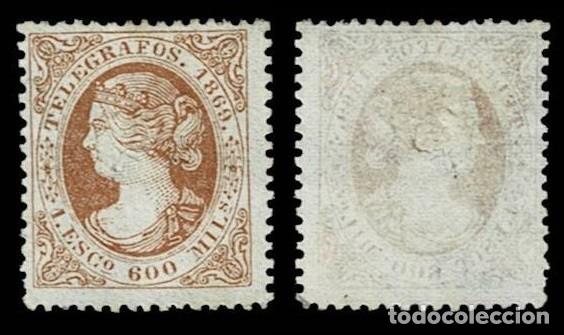 Sellos: .Espa&ntilde;a TELEGRAFOS A&ntilde;o 1869 Edifil n&ordm; 28 Valor 1,600 e. Color CASTA&Ntilde;O Sin goma VER.