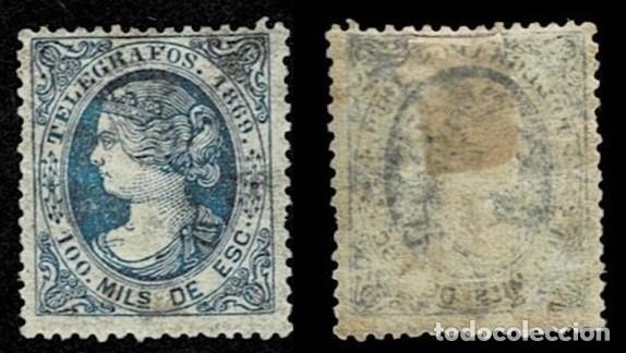 Sellos: Espa&ntilde;a TELEGRAFOS A&ntilde;o 1869 Edifil n&ordm; 26 Valor 100m. Color AZUL Con fijasellos VER