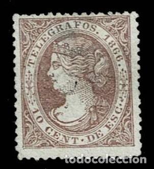 Sellos: Espa&ntilde;a TELEGRAFOS A&ntilde;o 1866 Edifil n&ordm; 13 Valor 10c de e. Color VIOLETA Usado SIN DESPRENDIMIENTO Ver