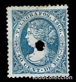 Sellos: Espa&ntilde;a TELEGRAFOS A&ntilde;o 1866 Edifil n&ordm; 14 Valor 40c de e. Color AZUL Usado VER