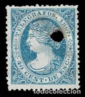 Sellos: Espa&ntilde;a TELEGRAFOS A&ntilde;o 1867 Edifil n&ordm; 18 Valor 40c de e. Color AZUL Usado VER