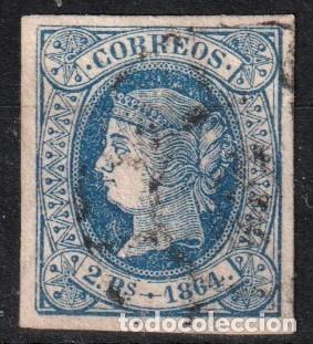 Stamps: Espa&ntilde;a edf n&ordm;68.Azul s Rosa 2rls.Sello usado.Isabel II.Buenos margenes.1864