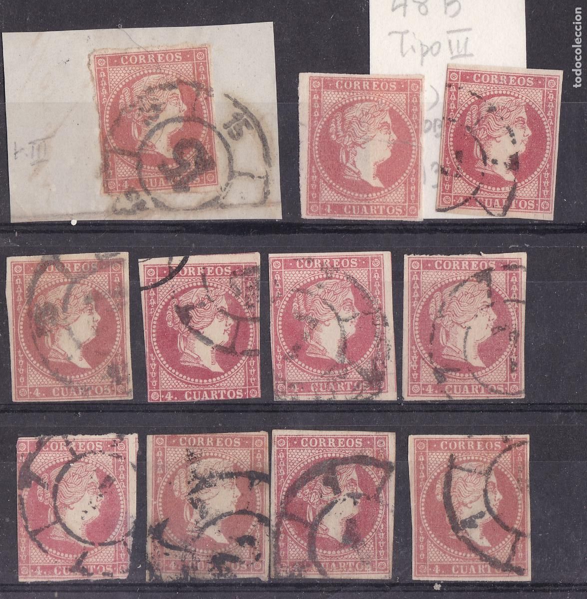 Sellos: FC-276-Cl&aacute;sicos Edifil 48B (tipo III) x 11 Sellos . Rueda Carreta/ Colores Uno (*) + 200 euros