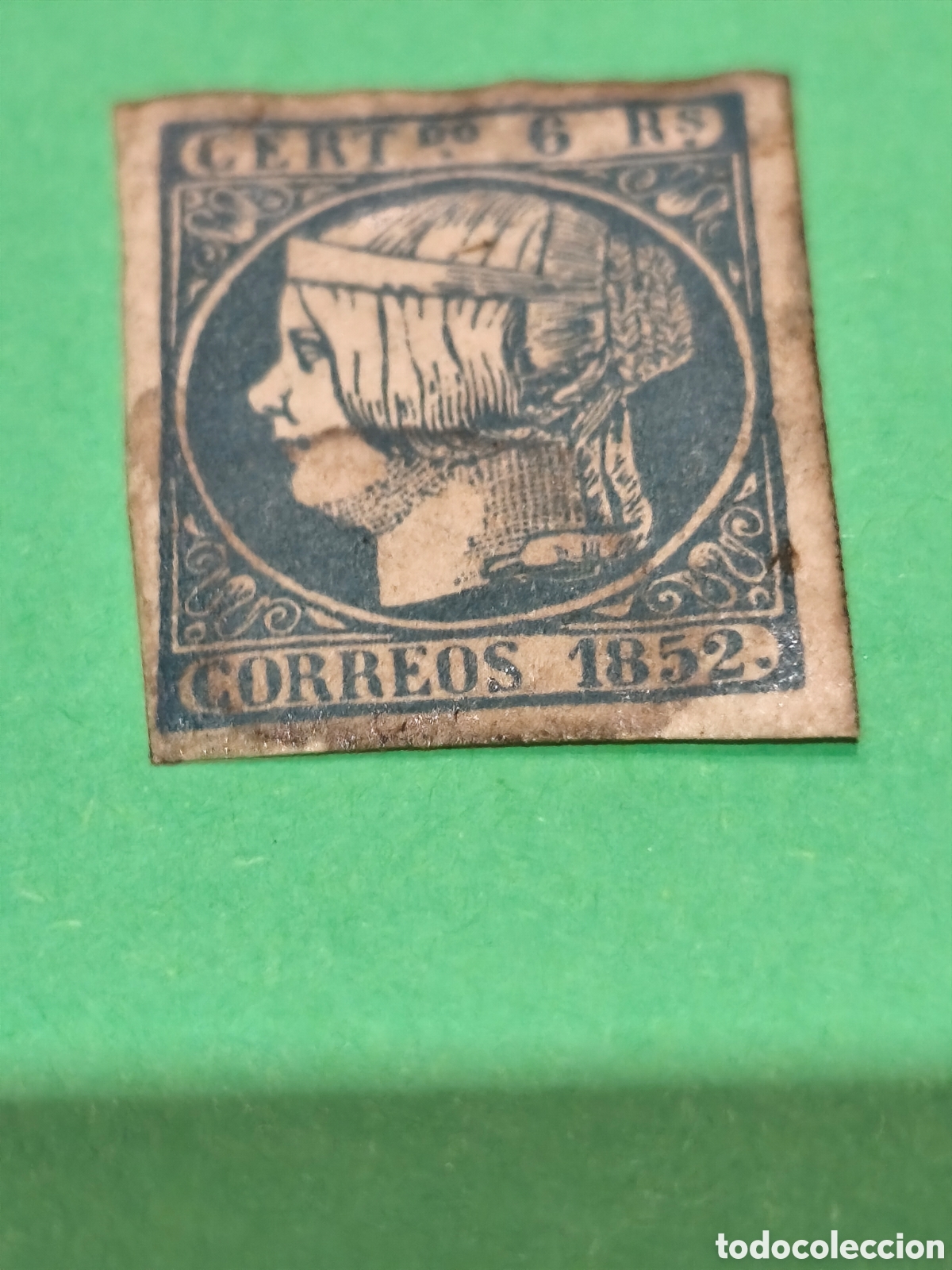 Stamps: Sello cl&aacute;sico de Espa&ntilde;a n 16 nuevo con su goma** papel mancha del tiempo 6 reales azul verdosoescaso