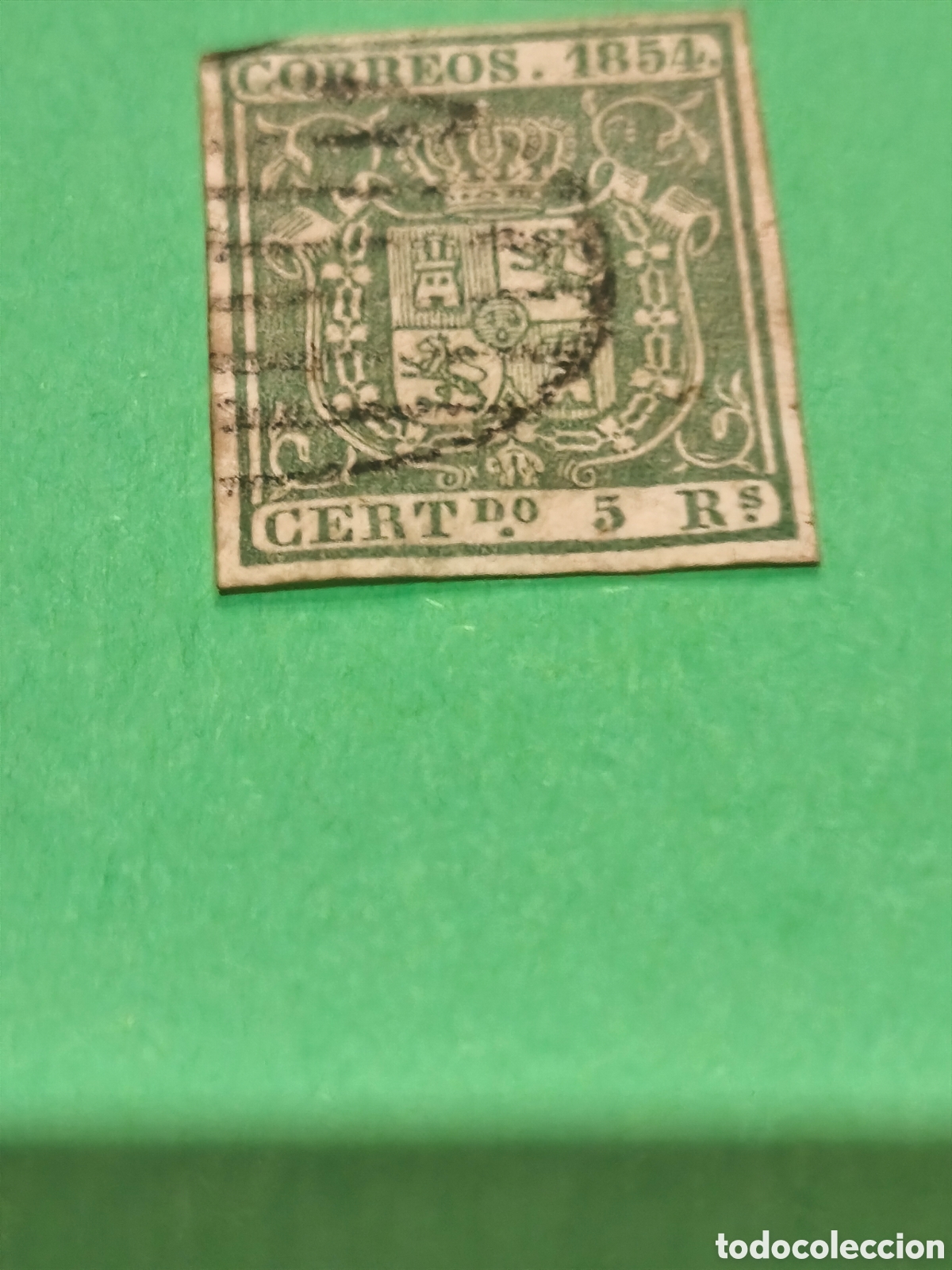 Sellos: Sello cl&aacute;sico de Espa&ntilde;a n 26 usado 5 reales verde parrilla negra , ver