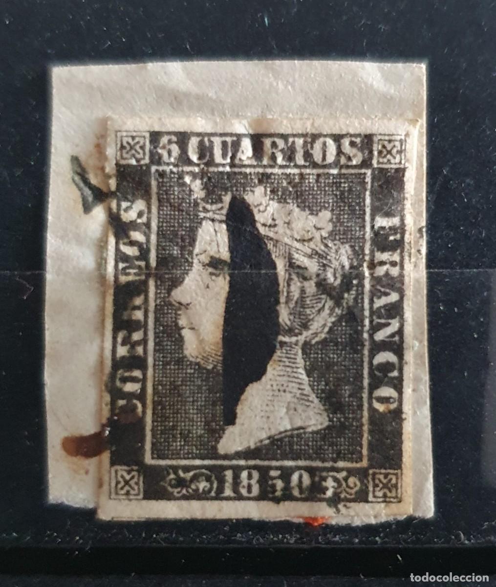 Selos: EDIFIL 1 PLANCHA II 6 CUARTOS ARA&Ntilde;A NEGRA USADO ISABEL II ESPA&Ntilde;A 1850 POSICION 9 FRAGMENTO