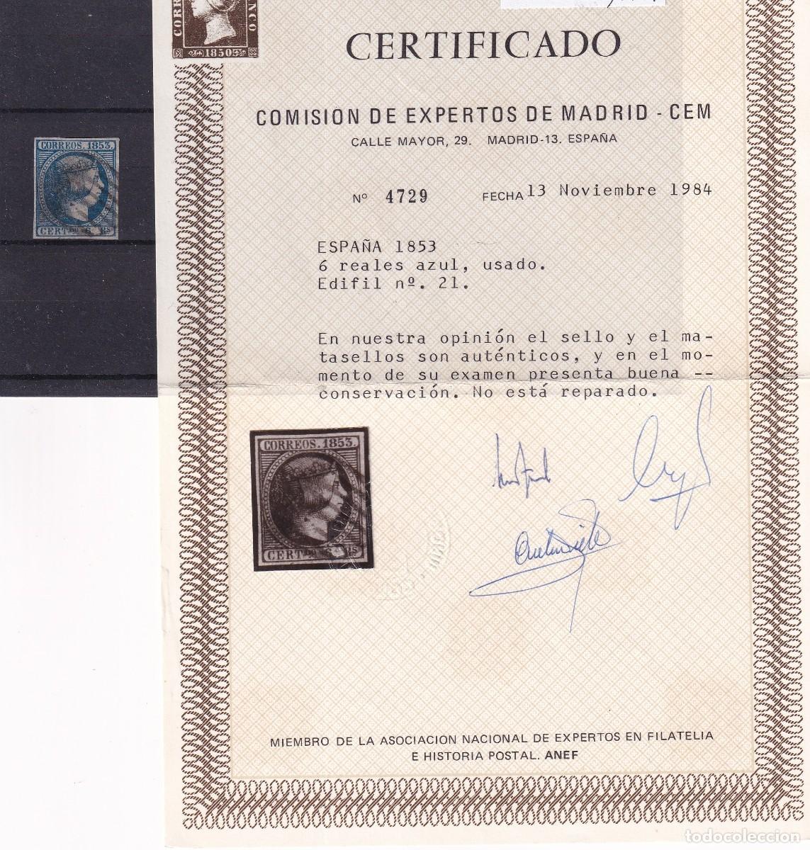 Selos: PC14 Sellos Espa&ntilde;a a&ntilde;o 1853 Edifil 21&ordm; sello original en usado CON CERTIFICADO v.c. 430 &euro;