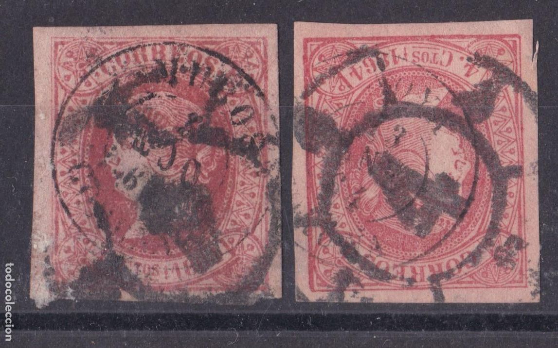 Sellos: AA5-Cl&aacute;sicos Edifil 64 x2 Sellos Usados DOBLE MATASELLOS Rueda Carreta 4 y Fechador MUROS y NOYA