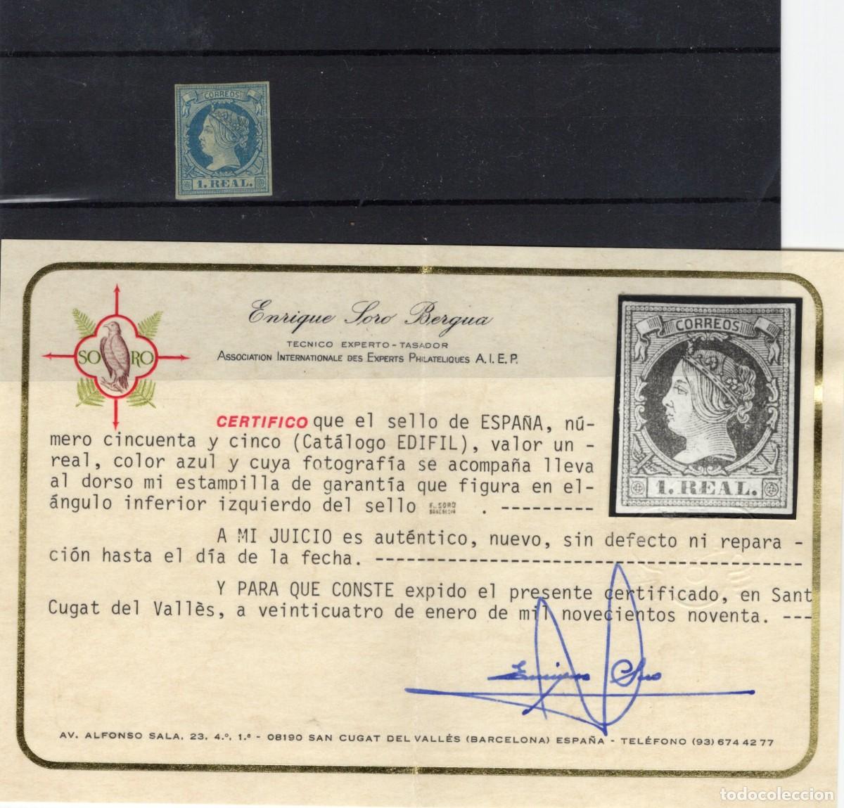 Stamps: PC26 Sellos Espa&ntilde;a a&ntilde;o 1860/61 Edifil 55* sello original en NUEVO CON CERTIFICADO v.c. 385 &euro;