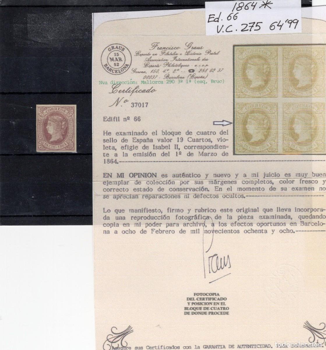Stamps: PC33 Sellos Espa&ntilde;a a&ntilde;o 1864 Edifil 66* sello original en NUEVO CON CERTIFICADO v.c. 275 &euro;