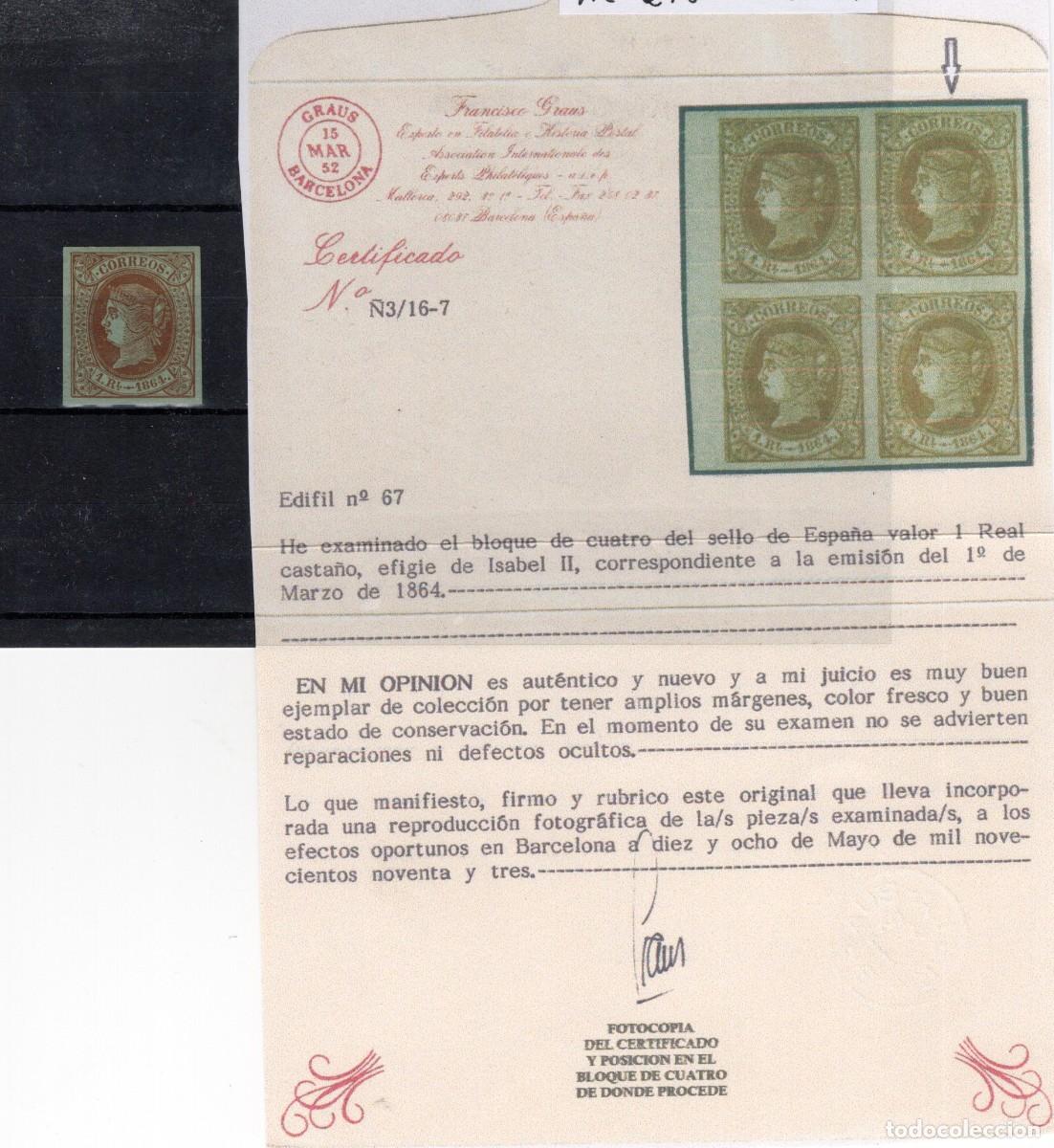Stamps: PC34 Sellos Espa&ntilde;a a&ntilde;o 1864 Edifil 67* sello original en NUEVO CON CERTIFICADO v.c. 275 &euro;