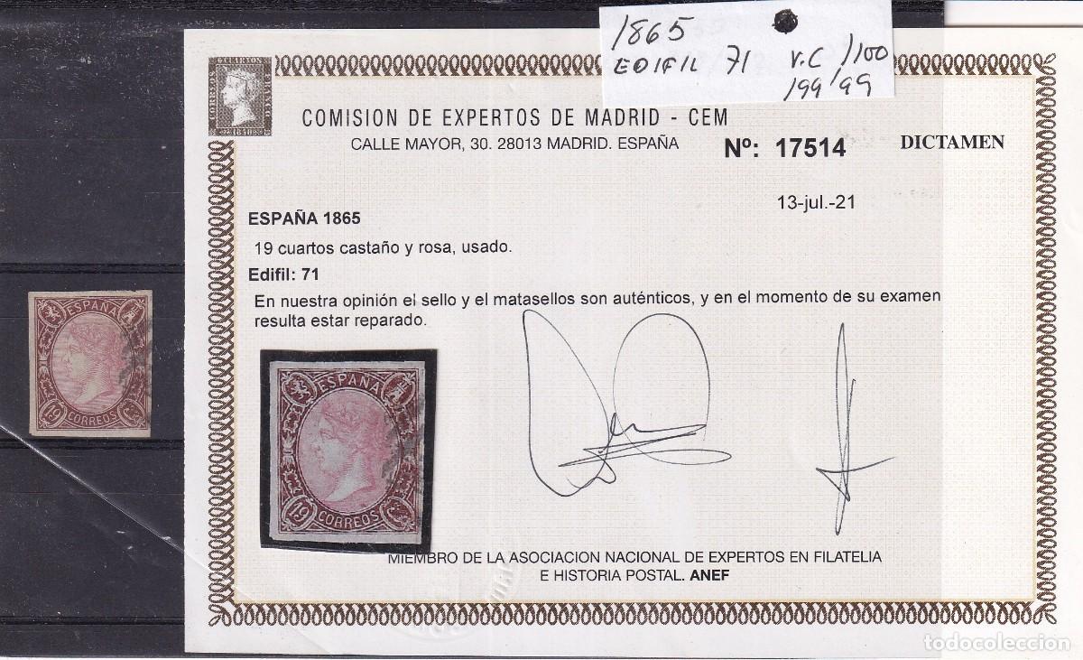 Selos: PC41 Sellos Espa&ntilde;a a&ntilde;o 1865 Edifil 71&ordm; sello original en usado CON CERTIFICADO v.c. 1100 &euro;