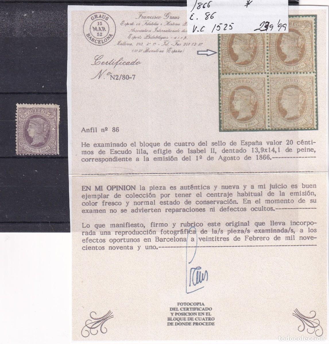 Stamps: PC49 Sellos Espa&ntilde;a a&ntilde;o 1866 Edifil 86* sello original en NUEVO CON CERTIFICADO v.c. 1525 &euro;