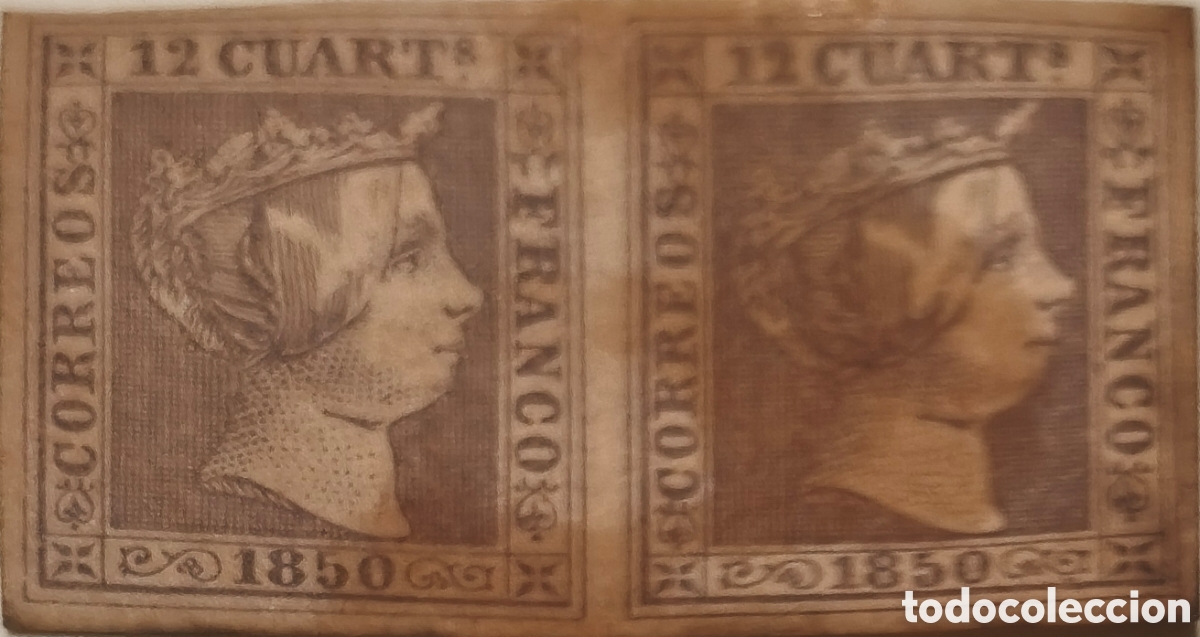 Briefmarken: Pareja de sellos cl&aacute;sicos de Espa&ntilde;a n 2 nueva con restos de goma algo sobada del tiempo 12 cuartos l