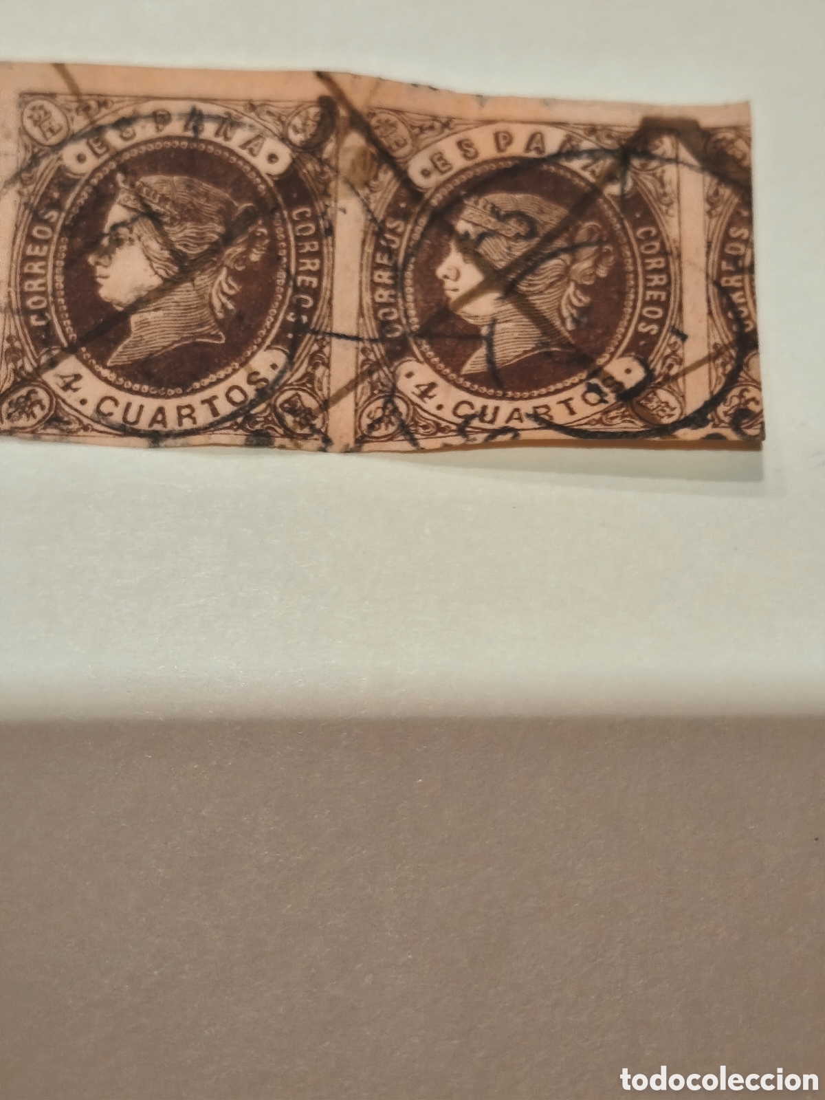 Briefmarken: Pareja de sellos cl&aacute;sica de Espa&ntilde;a n ,58 ,usada matasellos a pluma 4 cuartos casta&ntilde;o ver