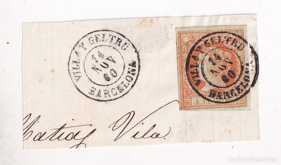 Sellos: FRAGMENTO. VILANOVA I LA GELTR&Uacute;. BARCELONA. 1860. 4 CUARTOS AMARILLO. BONITO FECHADOR