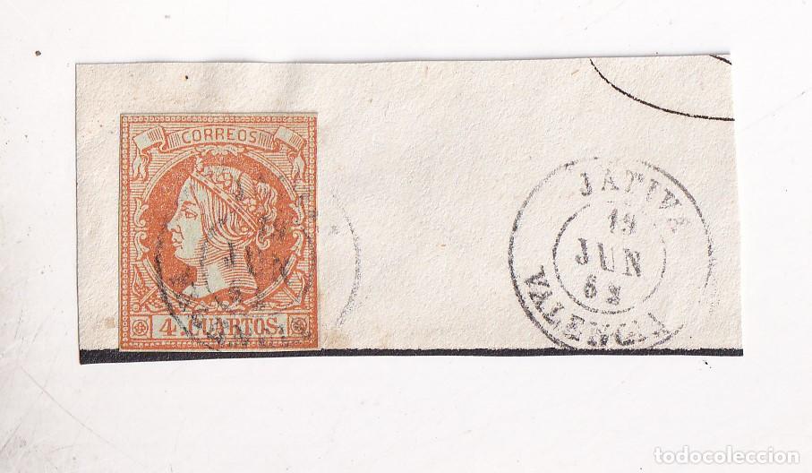 Sellos: FRAGMENTO. 4 CUARTOS AMARILLO. FECHADOR J&Aacute;TIVA. X&Aacute;TIVA. 1862. VALENCIA