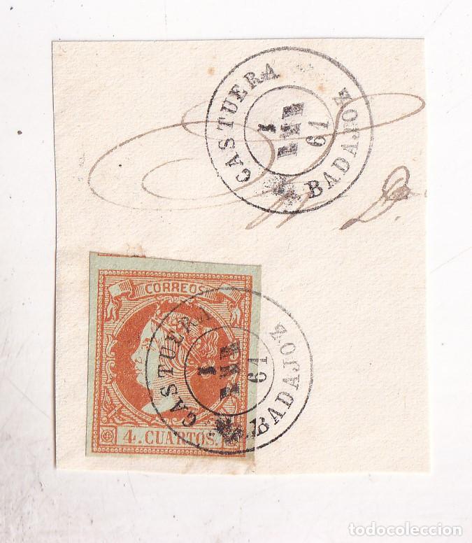 Sellos: FRAGMENTO. CASTUERA. BADAJOZ. 4 CUARTOS AMARILLO. 1861. BONITO FECHADOR