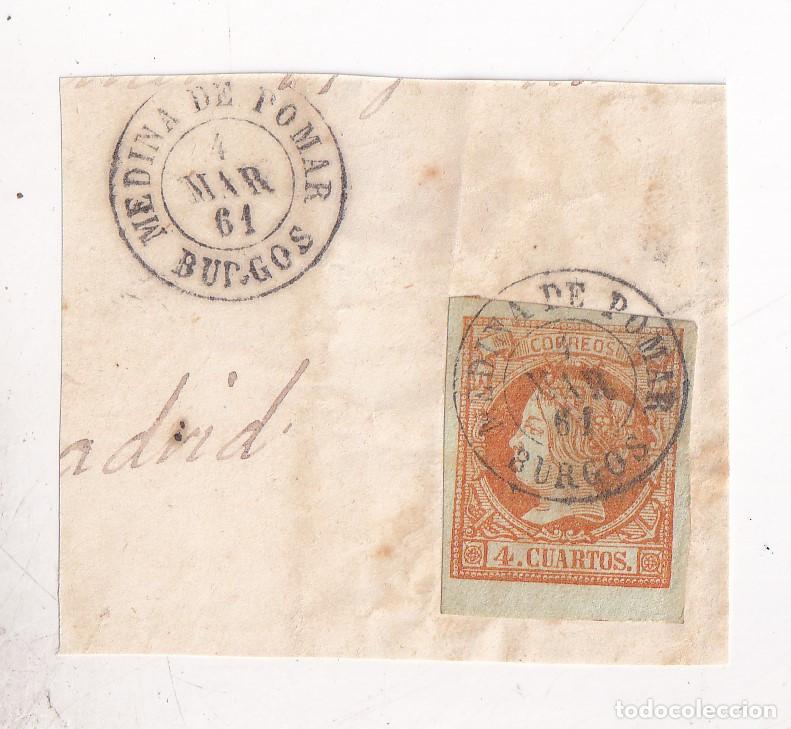 Sellos: FRAGMENTO. 4 CUARTOS AMARILLO. PRECIOSO FECHADOR MEDINA DE POMAR. BURGOS. 1861